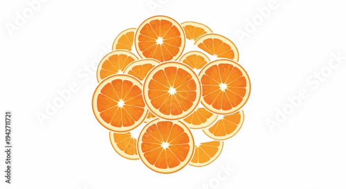 A pile of bright orange citrus fruit slices on a white background