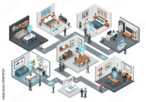 Smart home concept with interconnected rooms and digital interface control for modern living