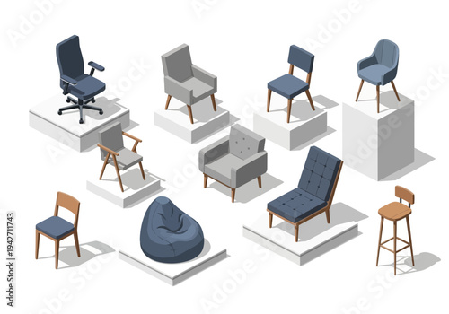 Collection of contemporary furniture displayed on white pedestals, featuring diverse chair styles