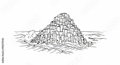 A dramatic black and white sketch of hexagonal rock formations by the sea