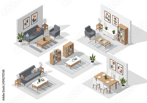 Isometric living room and dining room setups with furniture and decor for interior design inspiration