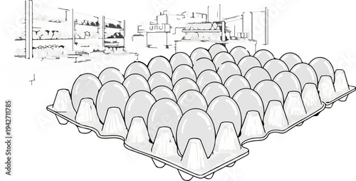 A drawing of a grocery store aisle with shelves of eggs and a close up of an egg carton