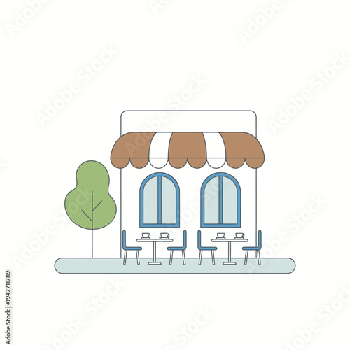 Charming Cafe Exterior with Outdoor Seating and Tree.