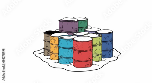 A collection of colorful barrels capped with snow in a stylized manner