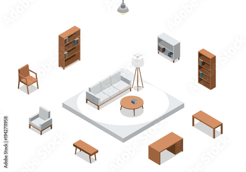 Modern Living Room Furniture Arrangement with Bookshelves, Sofa, and Chairs in Isometric View