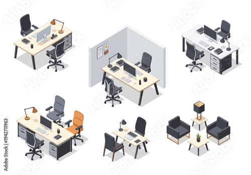Office desk setups with computers and chairs, different workspace designs shown from a high angle