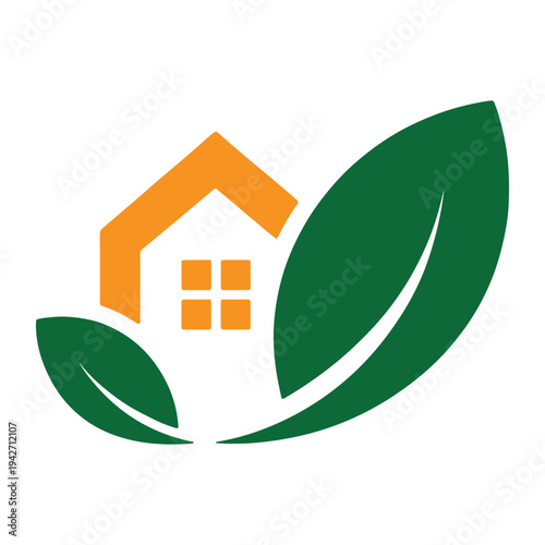Modern eco-friendly house symbolized by a house and leaf design