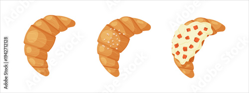 Set of croissants with different toppings isolated on light background. Fresh baked pastry with butter, sesame and cream topping in flat vector style. Perfect for bakery menu, food design, cafe 