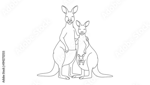Kangaroo Family Portrait: A charming line drawing captures a loving kangaroo family: a large adult stands protectively beside another adult, one holding a joey in its pouch, all with gentle.