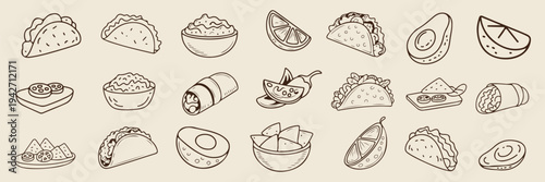 A collection of various Mexican food items including tacos and avocados