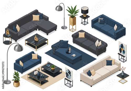 Isometric furniture collection for living room interior design including sofas, coffee tables, lamps, and plants