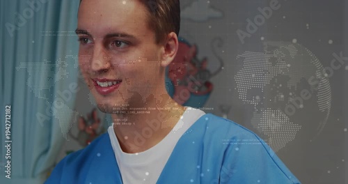 Clinician adjusting stethoscope as camera zooming, smiling to reassure patients with map overlay