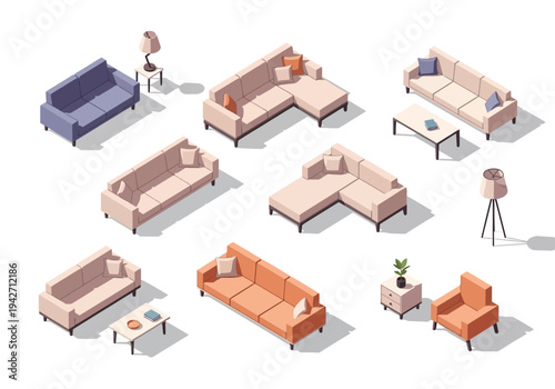 A curated collection of modern isometric sofas and living room furniture, perfect for interior design and graphic projects