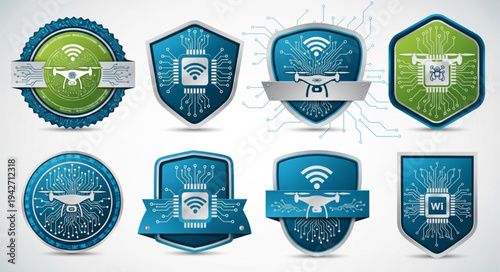 Drone Security Badges - Shield Icons for UAV Protection and Surveillance.