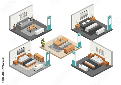 Isometric room designs featuring living room, dining room, and bedroom setups