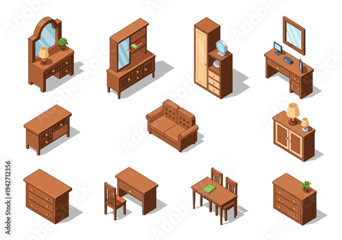 Collection of isometric wooden furniture items, including dressers, desks, and cabinets