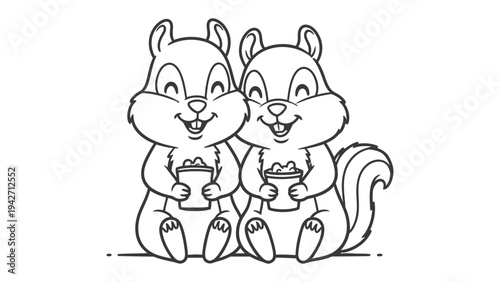Cheerful Chipmunks: Two adorable chipmunks share a moment of joy, holding mugs and radiating happiness. This delightful image captures the spirit of companionship and contentment.