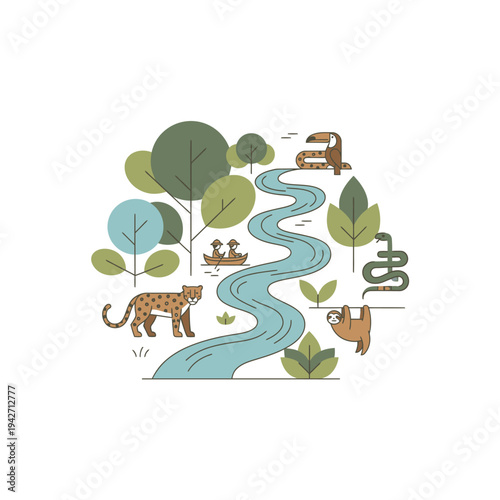 Amazon Rainforest Ecosystem with Diverse Wildlife and River.