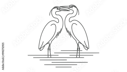 Heron Silhouette's Harmony: A captivating black-and-white illustration showcases two elegant herons in a moment of connection, their silhouettes framed against a subtle backdrop of water lines.