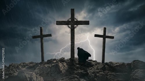 Three wooden crosses on rocky hilltop under dramatic stormy sky with lightning and kneeling figure representing crucifixion grief repentance and the power of Calvary in Christian faith