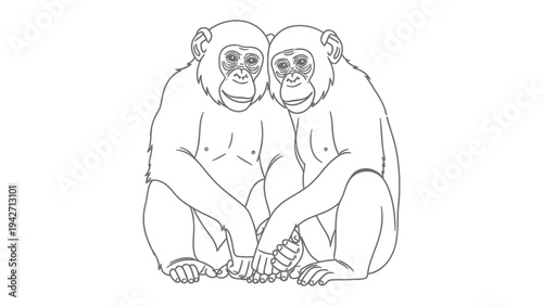 Two Chimpanzees Together: A simple line drawing shows two chimpanzees sitting closely together, their hands touching, conveying a sense of companionship and connection.