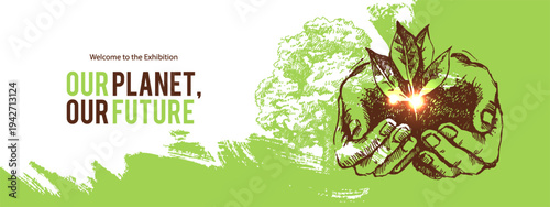 Hand drawn vintage ecology collage banner with sketch elements. Vector isolated illustration. Splash painted eco-friendly background