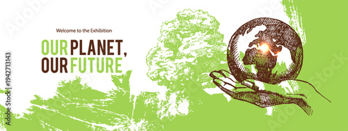 Hand drawn vintage ecology collage banner with sketch elements. Vector isolated illustration. Splash painted eco-friendly background. Earth day design poster