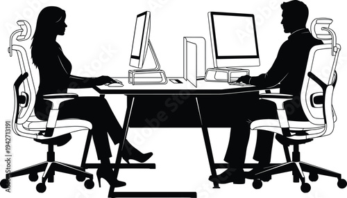 Office coworkers working on desktop computers at shared desk vector silhouette illustration for business workplace teamwork communication and corporate environment