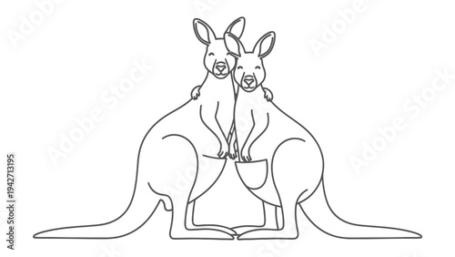 Kangaroo Companions: A heartwarming line drawing captures the bond between two kangaroos as they embrace and express affection towards each other, symbolizing unity and partnership.