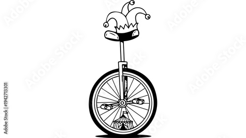 Black and white unicycle silhouette with cute pet animal wearing a jester hat, minimal hand drawn cartoon illustration vector isolated on white