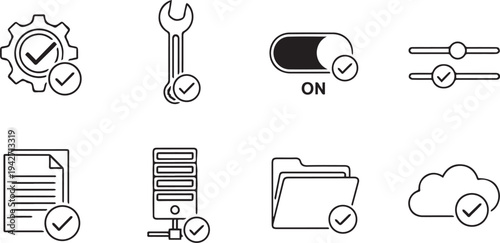 Set of IT and Maintenance Icons with Verification Checkmarks