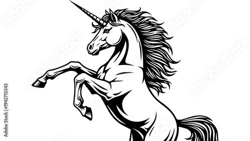 Black and white rearing horse silhouette vector illustration with flowing mane and tail, detailed line art stallion for logo, emblem, tattoo, branding design