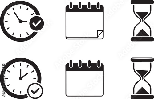 Time Management Icon Set - Clock, Calendar, and Hourglass Symbols