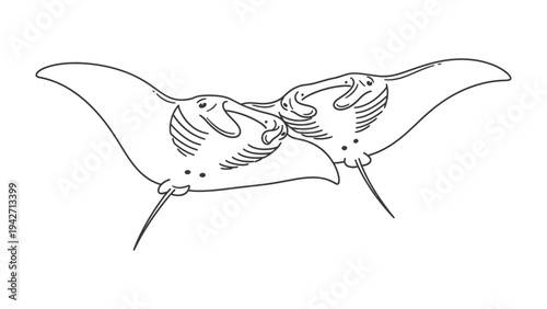 Manta Rays in Ocean: Two majestic manta rays gracefully glide in the deep blue ocean, their silhouettes a dance of elegance and mystery. They are moving into your visual field.