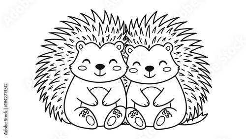 Whimsical Hedgehogs in Harmony: Two adorable hedgehogs snuggle together, rendered in simple line art that evokes childlike wonder and the purity of friendship.