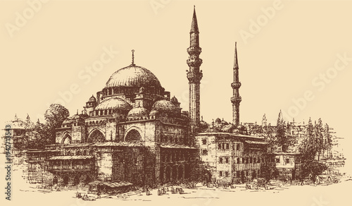 Prophet's Mosque, Saudi Arabia illustration in a vintage style. This vector illustration can be used in any size you like for advertising, logos, and other work.