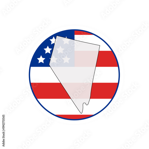 Nevada state map over USA flag badge. Nevada state map silhouette overlaid with the United States flag.