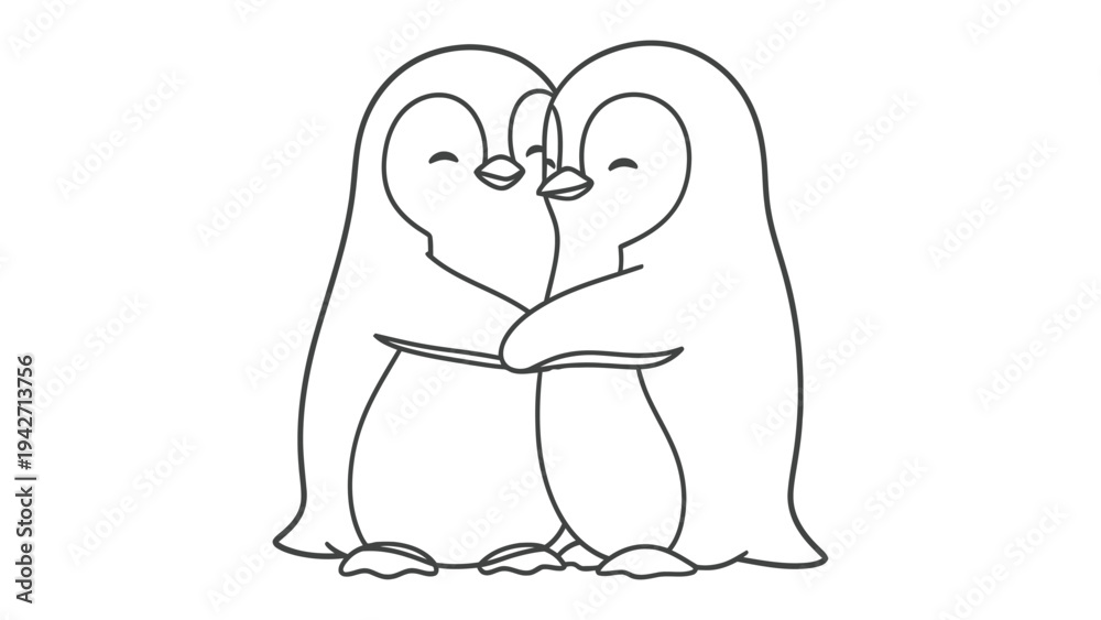 Obraz premium Cuddly penguin couple embracing: The embrace of love is shown through an illustration of two penguins. Showing affection and connection.