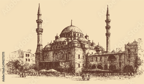 Prophet's Mosque, Saudi Arabia illustration in a vintage style. This vector illustration can be used in any size you like for advertising, logos, and other work.