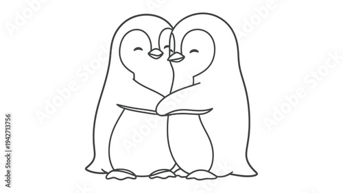 Cuddly penguin couple embracing: The embrace of love is shown through an illustration of two penguins. Showing affection and connection.