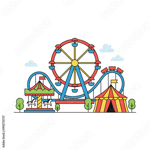 Amusement Park Rides and Attractions Illustration.