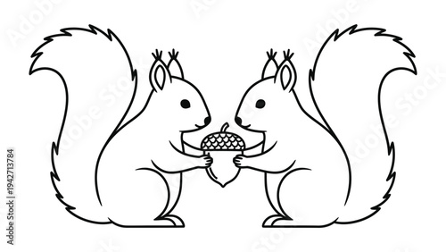 Squirrels' Shared Acorn: A charming illustration depicts two squirrels delicately holding a single acorn, showcasing a moment of companionship and cooperation. 
