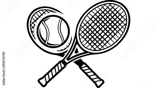 Black and white tennis racket crossed with badminton racket and ball, outline sports equipment icon vector illustration for logo, web, app, print design
