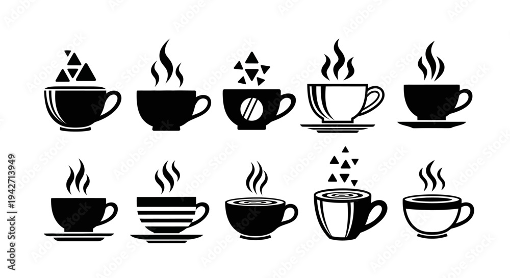 Fototapeta premium Set of black coffee cup icons with steaming beverages collection and various designs isolated on a white background