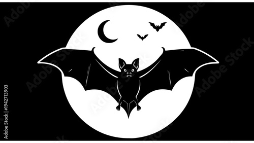 Halloween bat silhouette flying in front of full moon with small bats, black and white vector illustration icon for spooky party invitation, poster and banner
