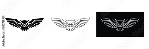 Owl logo designs on white background with black and white variations