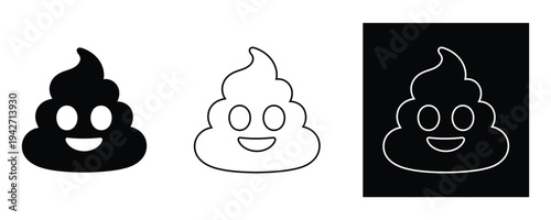 Poop Emoji Smiley Faces in Black White and Outline on White Background