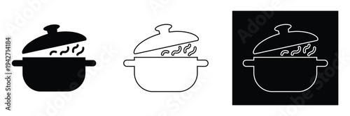 Three steaming pots on white background in black, White and black outline styles for cooking concepts