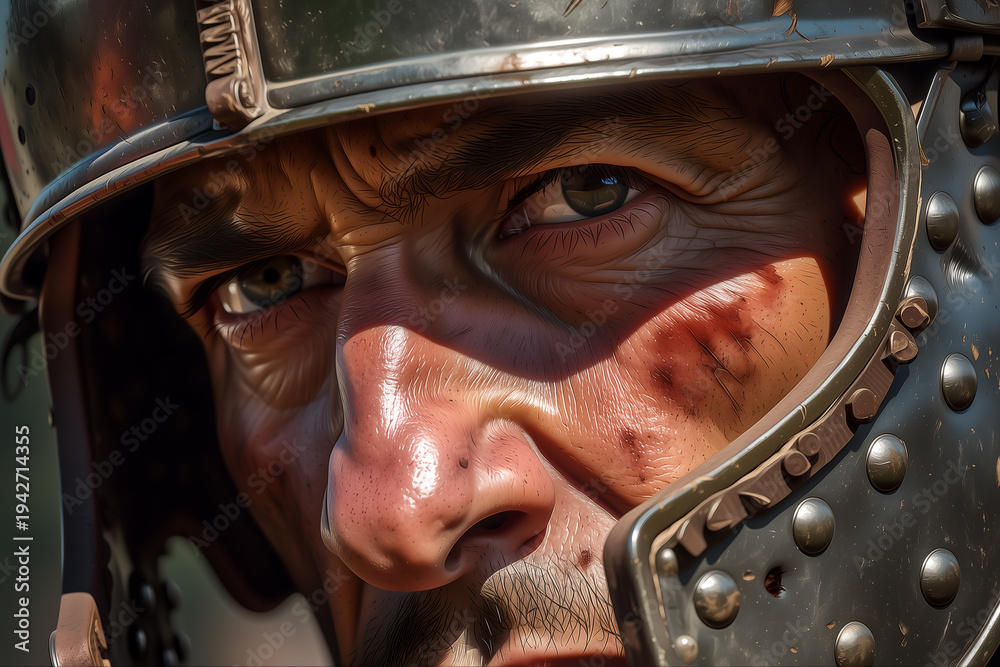 Fototapeta premium Close-up portrait of a Roman army warrior wearing an ancient helmet, intense expression before battle, historical illustration