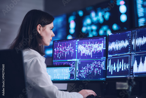 Woman sitting at multiple monitors working late night in office, analyzing stock charts and trading financial markets